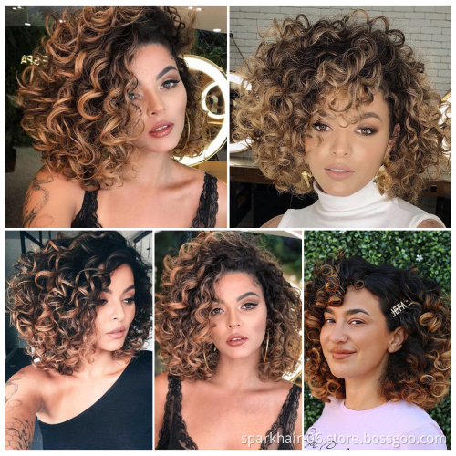 Ombre Bundles with Frontal Brazilian 1b/4/30 Human Hair Bouncy Curly  Bundles with Closure Short curly human hair wave bundles